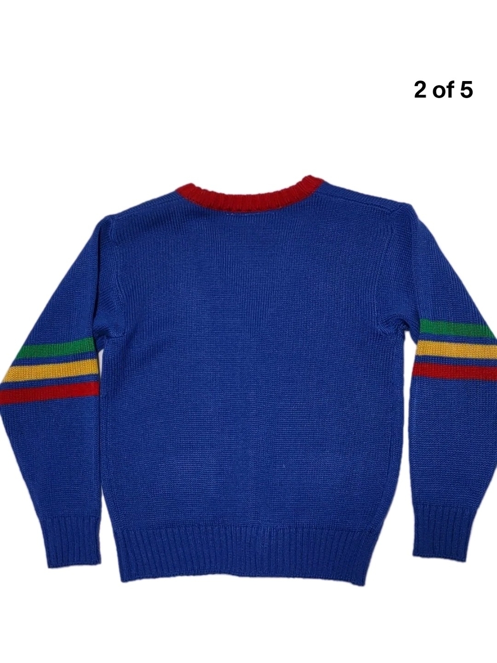 Vtg J G Hook Blue Knit Cardigan with Rainbow Pencil School Motif Large Kids - Picture 2 of 5